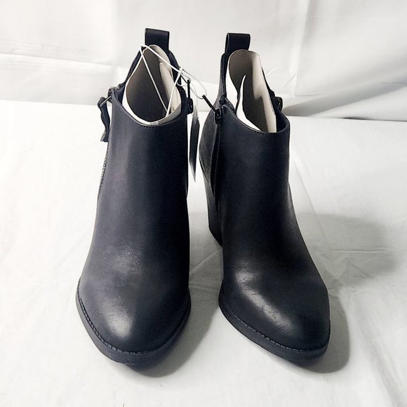 Bootie Double Zip Block Heeled Pointed Toe WIDE Faux Leather Black Bootie - Picture 3 of 7